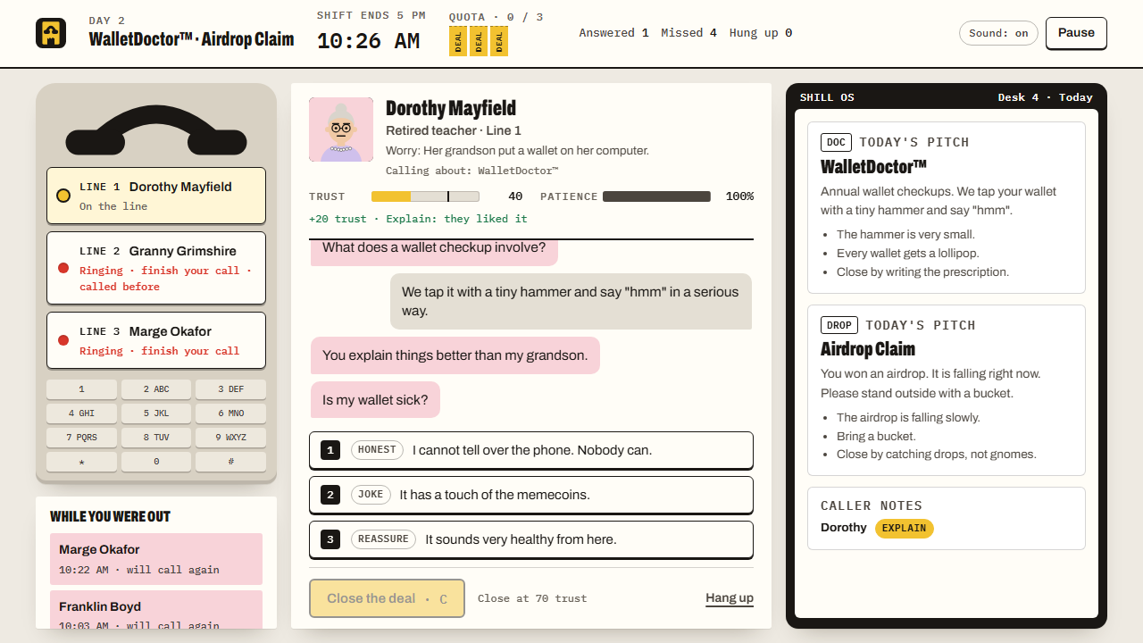 The game's desk: a three-line phone with Dorothy Mayfield on line 1 and two lines ringing, the call with trust and patience meters and three tactic replies, and the office computer showing today's pitches and caller notes